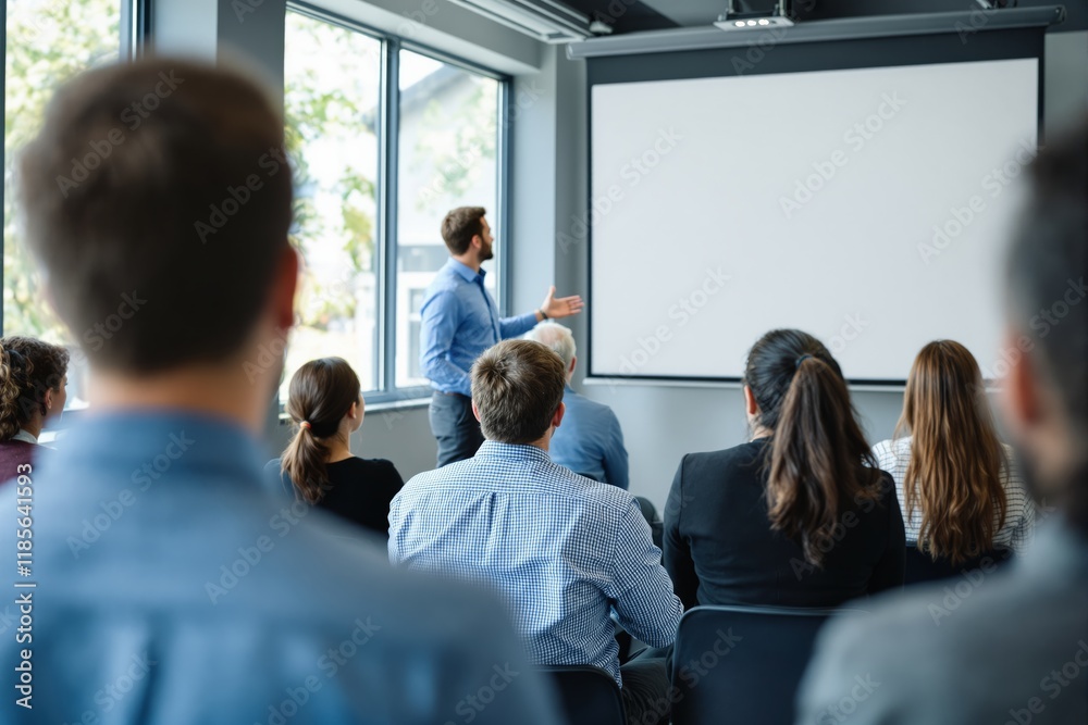 Professional presentation with attendees sitting and a speaker gesturing at a blank screen in a bright office setting. Concept of teamwork. Ai generative.