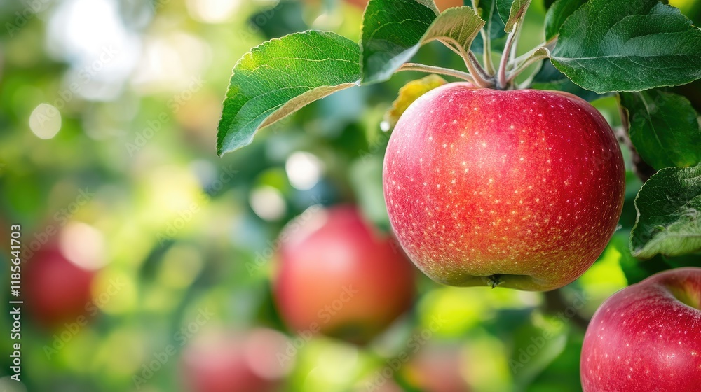 Ripe red apples hanging on branches in a vibrant green orchard during sunny weather. Ripe red apples hanging on branches in a vibrant green orchard during sunny weather.