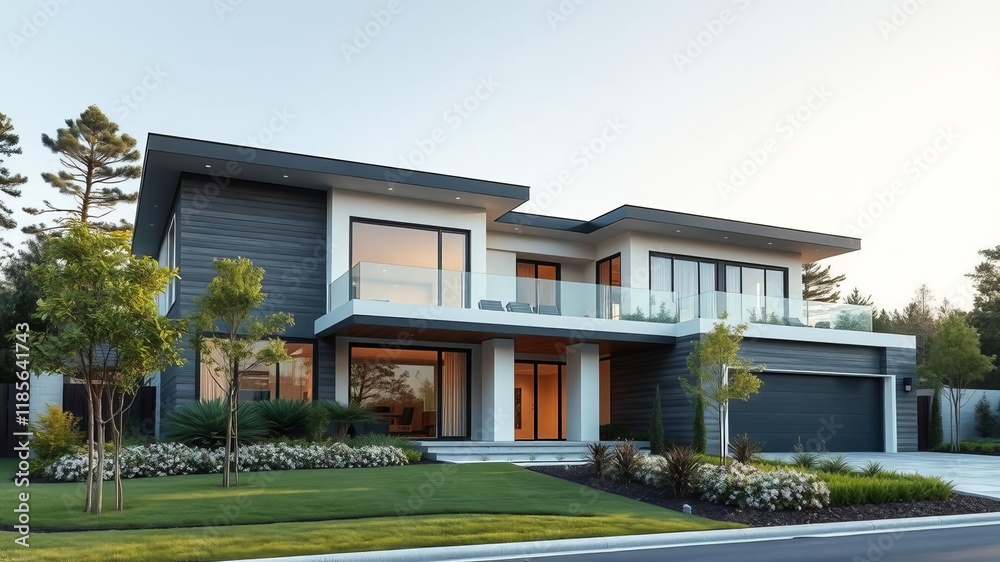 Modern home with clean lines and large windows surrounded by lush greenery and towering trees, displaying contemporary architecture and vibrant landscaping, modern, elegant, facade Modern home with clean lines and large windows surrounded by lush greenery and towering trees, displaying contemporary architecture and vibrant landscaping, modern, elegant, facade