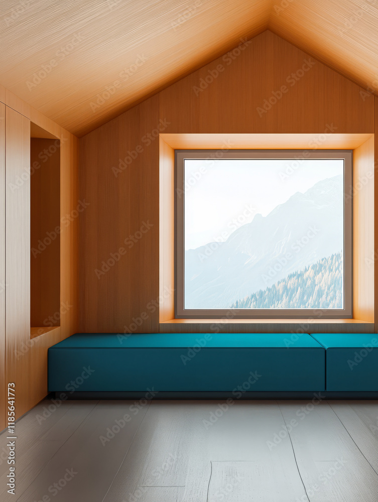 Fototapeta premium Cozy interior design with large window showcasing mountain view in modern space