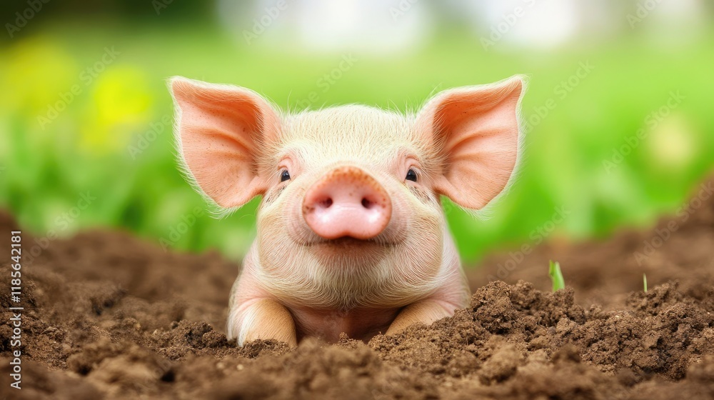 Cute Golden Snouted Piglet Close Up on Soft Soil Background with Greenery in the Blur Cute Golden Snouted Piglet Close Up on Soft Soil Background with Greenery in the Blur