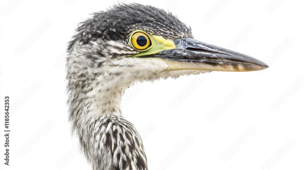 Close up portrait of a heron with detailed feathers and striking yellow eye against a plain white background Close up portrait of a heron with detailed feathers and striking yellow eye against a plain white background