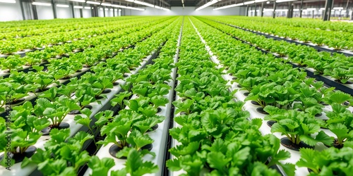 Modern hydroponic farm with rows of fresh green plants soaking up bright natural light, green, hydroponic farm, growth photo