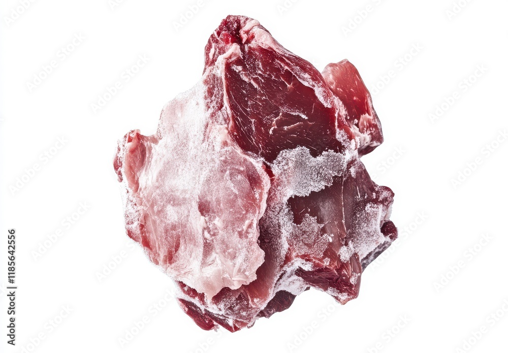 Frozen Chunk of Raw Meat Isolated on White Background for Food Industry and Culinary Contexts, High-Quality Visual Representation for Recipes and Cooking Content