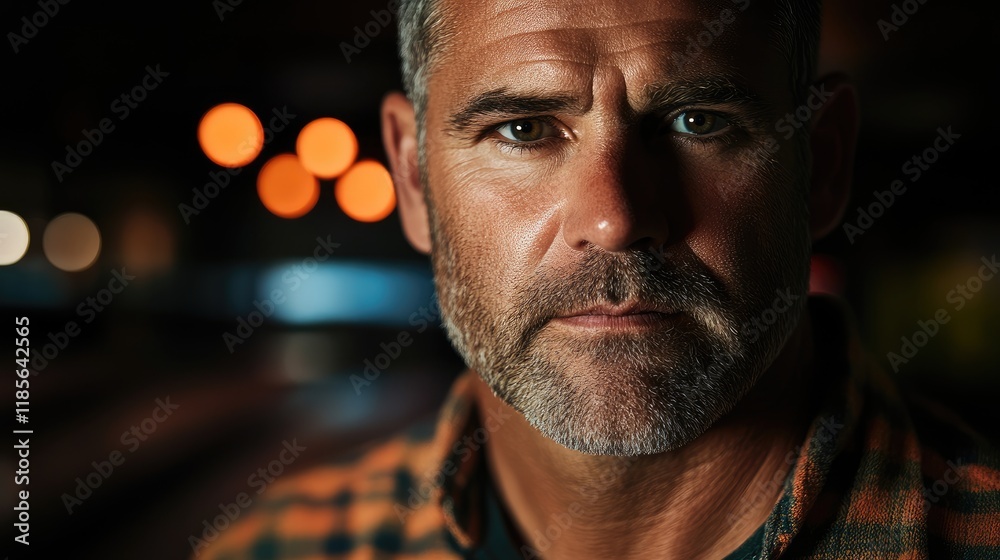 Fototapeta premium Male bowler portrait captured in dramatic lighting with intense shadows showcasing a serious expression and strong character.