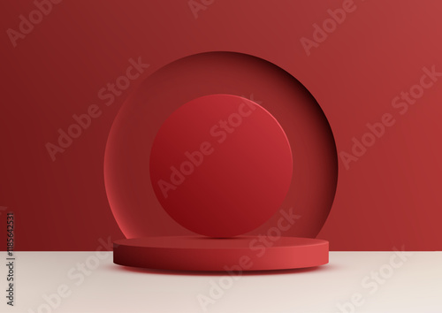 Bold Red Geometric Podium with Circular Background for Product Display Mockup Showroom