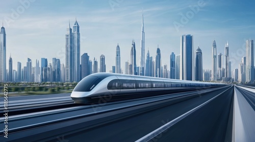 Futuristic High-Speed Train Surpassing Urban Landscape with Skyscrapers Under Bright Blue Sky photo