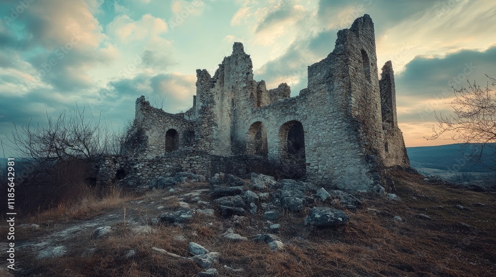 Fototapeta premium Ancient castle ruins on a rocky hillside under a dramatic cloudy sky at sunset showcasing historical architecture and natural beauty