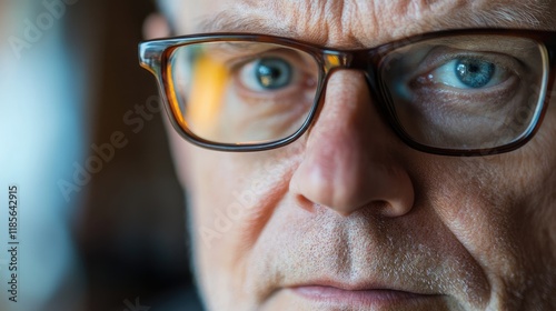 Portrait of a mature man with distinctive visual impairments showcasing deep blue eyes and thoughtful expression in soft lighting photo