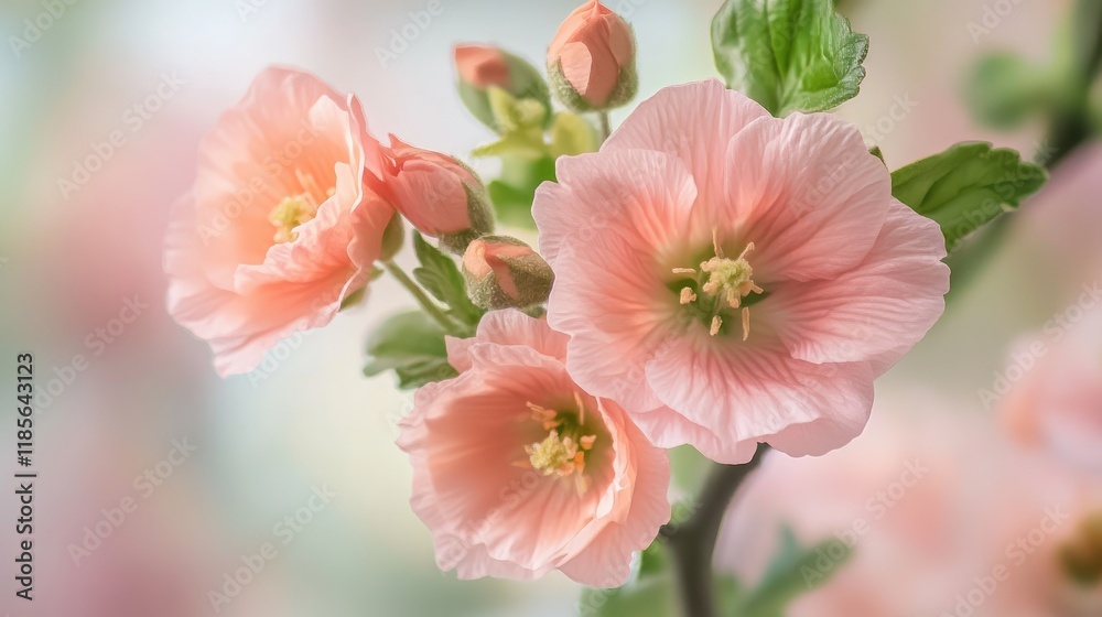 Delicate peach flowers with rich salmon hues and soft green buds creating a serene springtime atmosphere on a gentle background Delicate peach flowers with rich salmon hues and soft green buds creating a serene springtime atmosphere on a gentle background