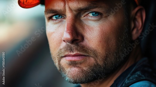 Close Up Portrait of a Focused Railway Worker with Intense Expression and Vibrant Eyes in Industrial Setting photo