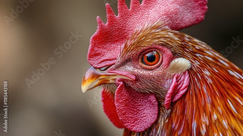 Proud rooster portrait showcasing vibrant plumage and intense gaze against a natural blurred background. photo