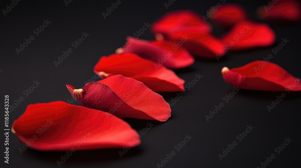 Elegant ruby rose petals scattered on a black background creating a romantic and luxurious atmosphere for various design purposes. Elegant ruby rose petals scattered on a black background creating a romantic and luxurious atmosphere for various design purposes.