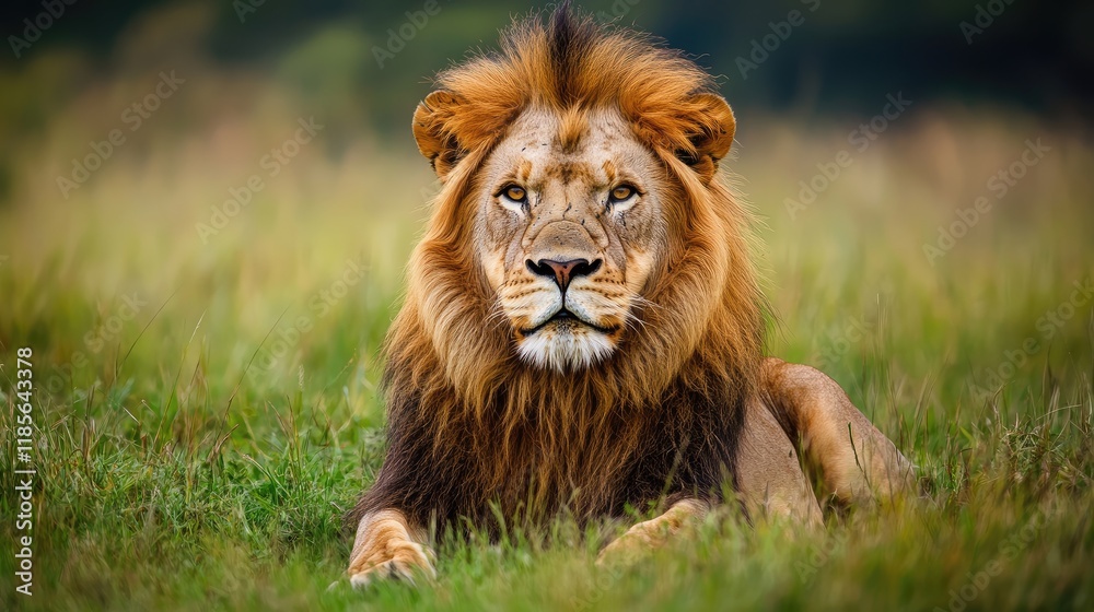 Fototapeta premium Majestic Lion Gazing Calmly in Lush Green Meadow with Soft Focus Background