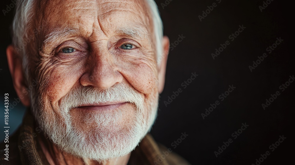 Senior man with gentle smile showcasing wisdom and warmth in a close-up portrait against a dark background Senior man with gentle smile showcasing wisdom and warmth in a close-up portrait against a dark background
