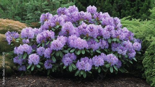 Close-up of Rhododendron ponticum shrub showcasing vibrant pinkish purple flowers in lush green garden setting photo