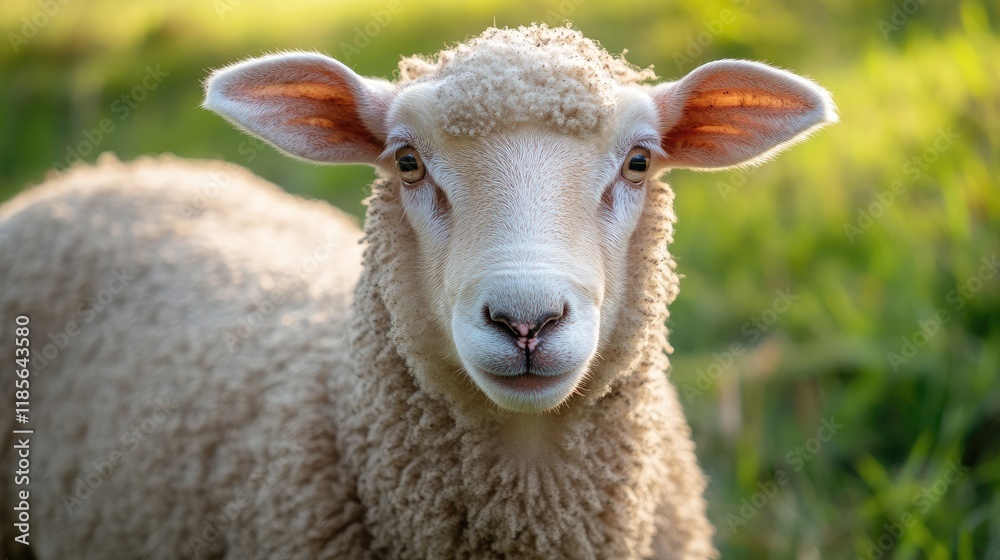 Close up portrait of a young sheep displaying soft wool and inquisitive expression in a serene farm setting Close up portrait of a young sheep displaying soft wool and inquisitive expression in a serene farm setting