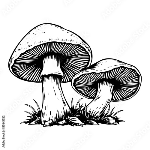 mushroom engraving black and white outline. Scratch board imitation.
