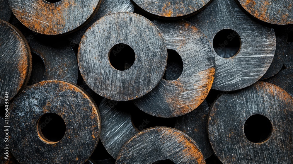 Close up of industrial cutting wheels displayed from top view highlighting textures and patterns for creative design backgrounds Close up of industrial cutting wheels displayed from top view highlighting textures and patterns for creative design backgrounds