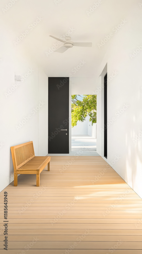 Obraz premium Modern hallway features simple bench and natural light from large windows