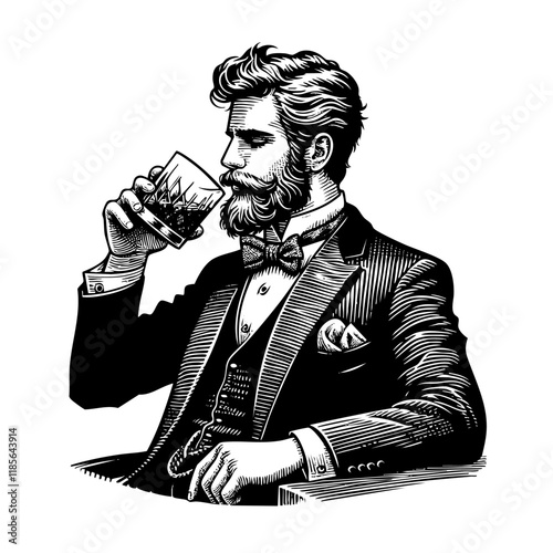 gentleman holding a glass of whiskey engraving black and white outline. Scratch board imitation.