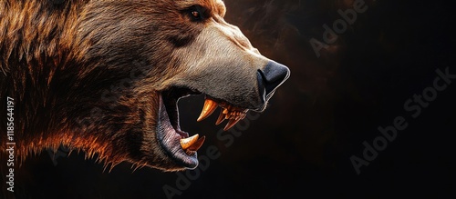 Close up of a fierce grizzly bear displaying strong jaws and teeth against a dark background suitable for nature and wildlife themes photo