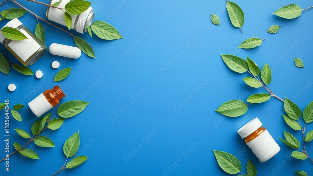 Naklejka premium Modern medicine bottles and pills in various shapes and sizes displayed against a blue background, with green leaves for a touch of freshness and health, medicine, modern, health
