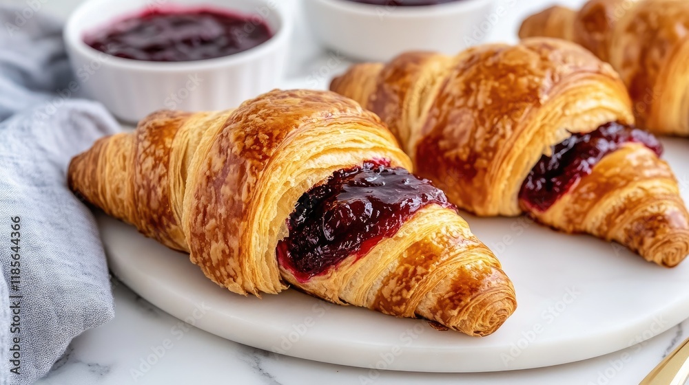 A croissant filled with raspberry jam, its flaky layers glistening against a bright white background, capturing the sweetness and indulgence of the pastry. A croissant filled with raspberry jam, its flaky layers glistening against a bright white background, capturing the sweetness and indulgence of the pastry.