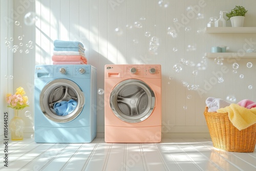 Two blue and pink washing machines are in a room with a basket of clothes