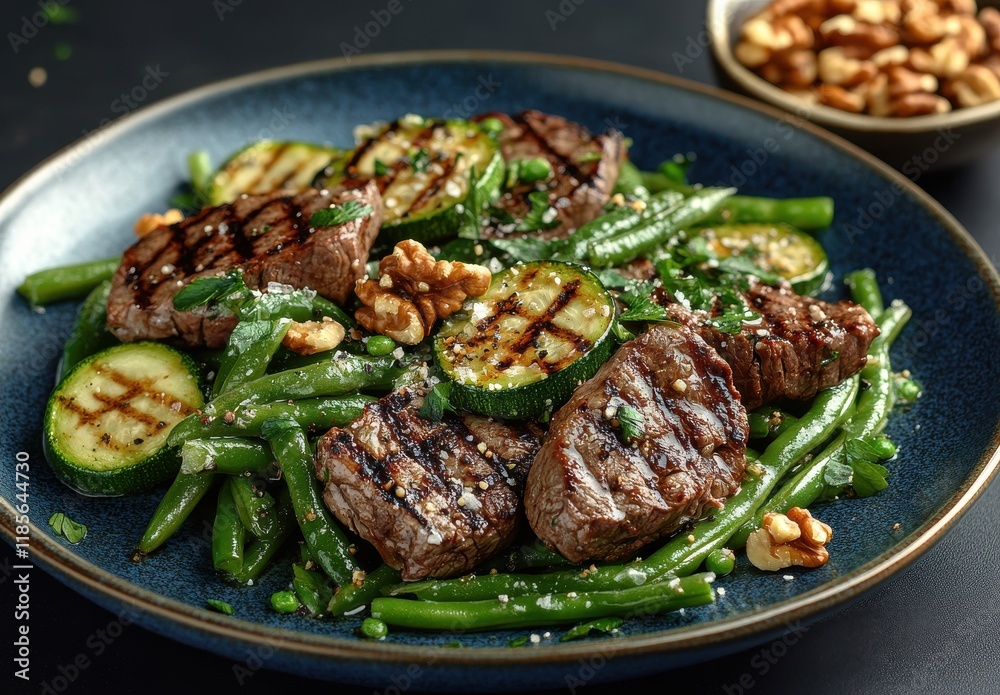 Grilled Beef Steak with Green Beans and Zucchini on Blue Plate Garnished with Walnuts and Fresh Herbs for a Deliciously Healthy Meal Grilled Beef Steak with Green Beans and Zucchini on Blue Plate Garnished with Walnuts and Fresh Herbs for a Deliciously Healthy Meal