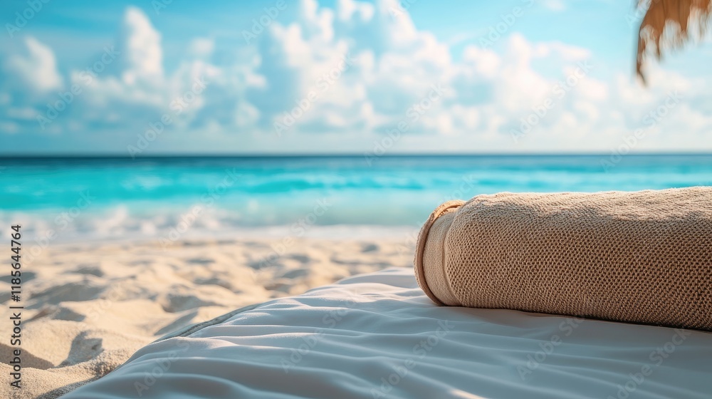 Obraz premium Serene beach setting featuring a closeup of a bed with soft linens and a rolled towel against a tranquil ocean backdrop and blue sky.