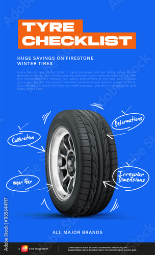 Tyre Checklist - flyer design. Tyre Shop, Spare Parts and Auto Service promotion.