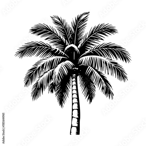 palm tree engraving black and white outline. Scratch board imitation.
