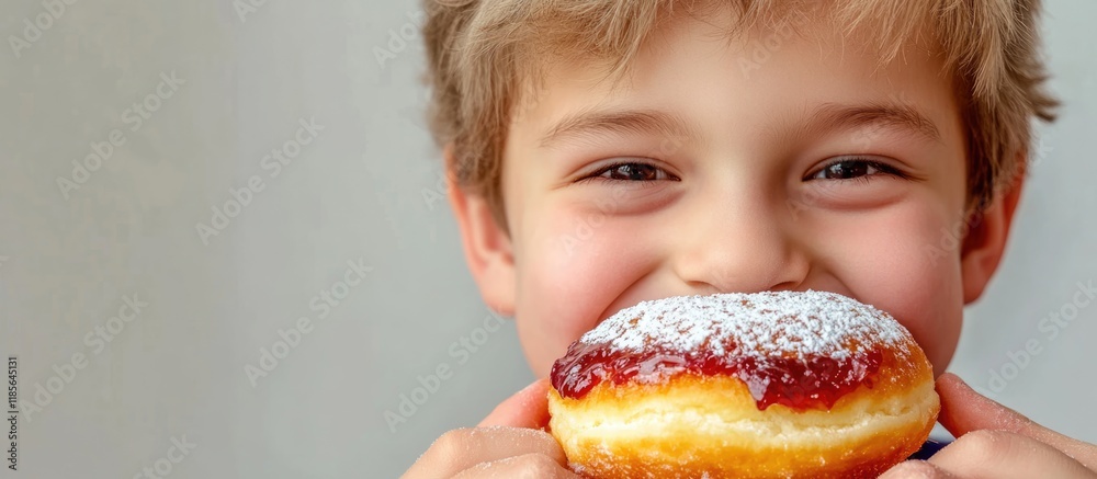 Close up of cheerful boy holding sufganiyah donut with jam, bright colors, soft focus background, ideal for winter holiday themes and copyspace. Close up of cheerful boy holding sufganiyah donut with jam, bright colors, soft focus background, ideal for winter holiday themes and copyspace.