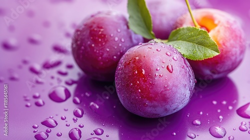 Ripe juicy plums with droplets on vibrant purple background showcasing freshness and natural beauty photo