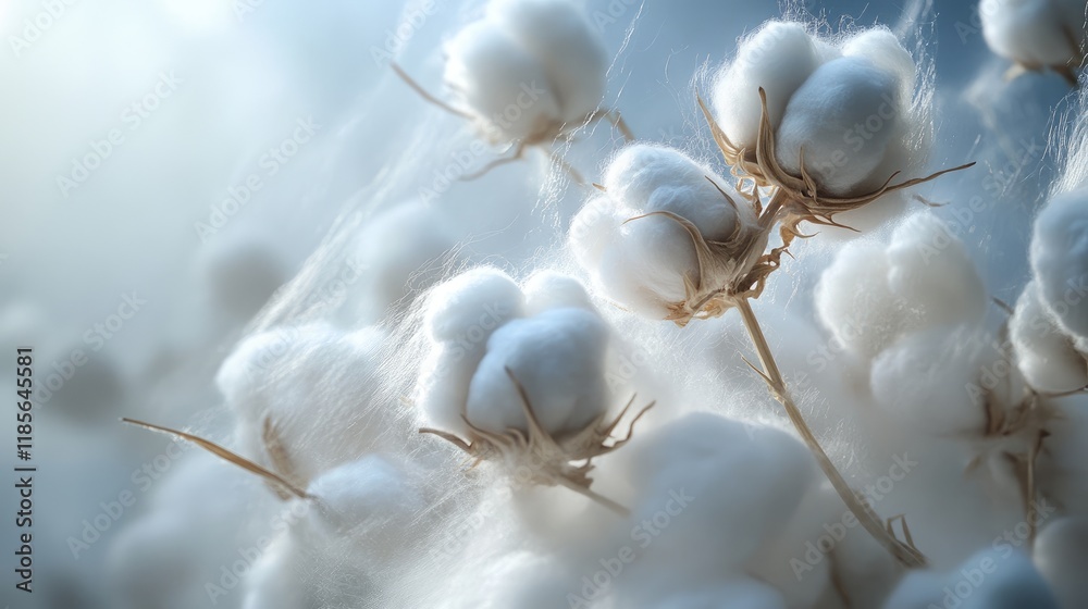 Cotton Plant Blooms in Soft Focus with Natural Light Enhancing Their Textured Fibers and Delicate Beauty Cotton Plant Blooms in Soft Focus with Natural Light Enhancing Their Textured Fibers and Delicate Beauty