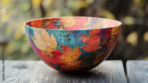 Decorative recycled paper bowl featuring vibrant decoupage design with colorful autumn leaves on a wooden surface.