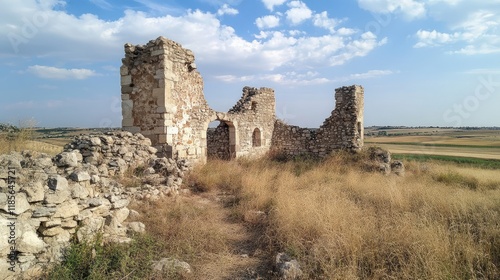 Ruins of an ancient medieval fortress surrounded by tall grass and scenic landscapes under a blue sky with clouds photo