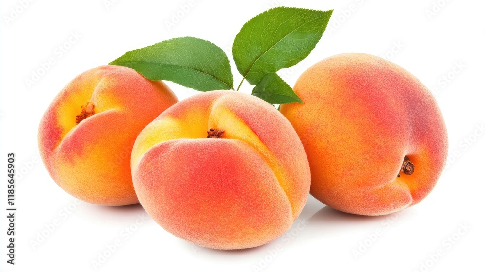 Ripe peaches with fresh green leaves arranged artistically on a clean isolated white background for culinary and lifestyle use Ripe peaches with fresh green leaves arranged artistically on a clean isolated white background for culinary and lifestyle use