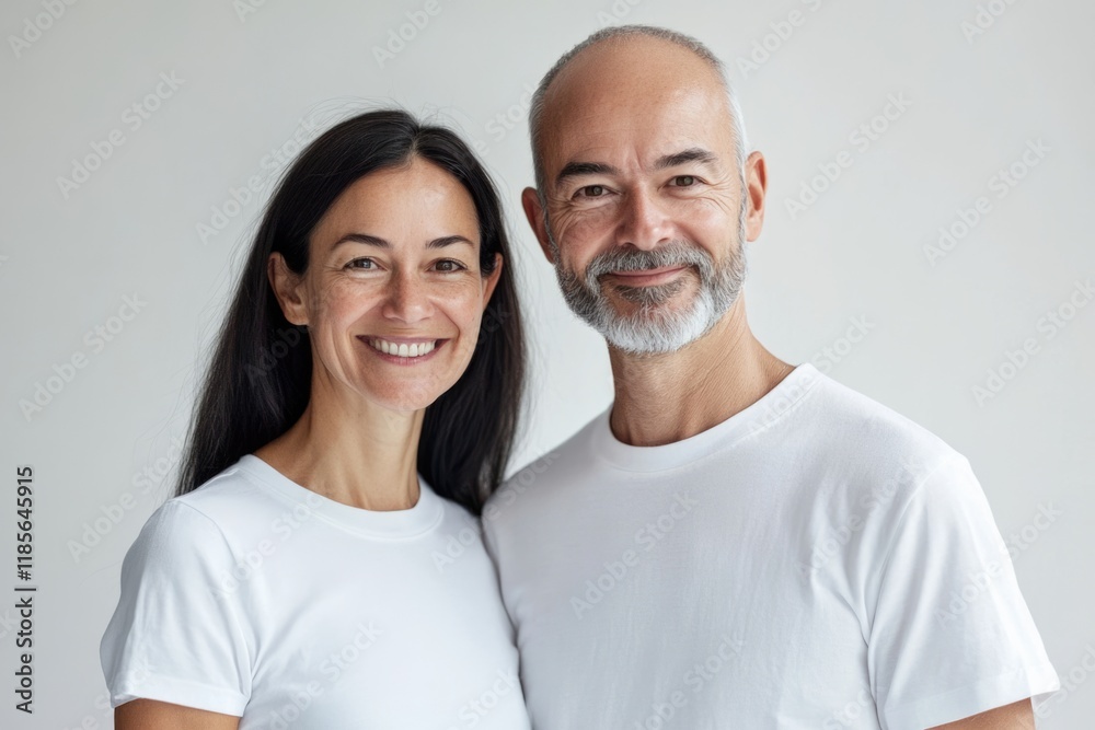 Obraz premium Joyful Couple Embracing Happiness in Soft Natural Light with Neutral Background Ideal for Text Overlay, Featuring Smiling Man and Woman in White T-Shirts