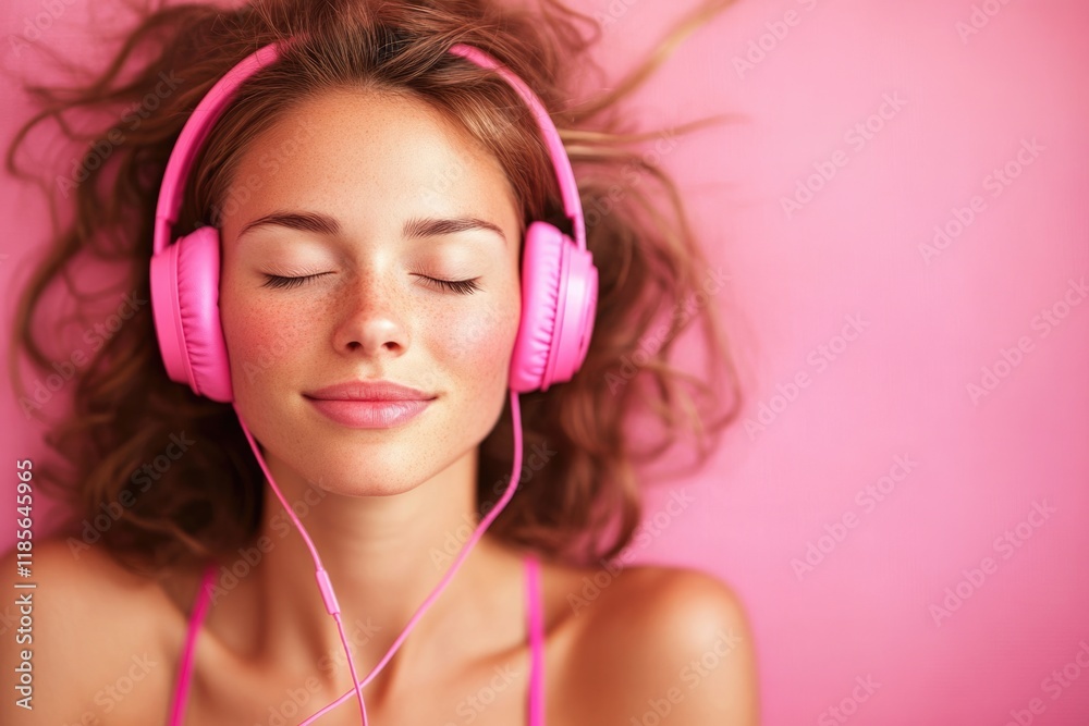 Joyful woman in pink headphones blissfully enjoying music with closed eyes against a vibrant pink background, ideal for music and relaxation concepts. Joyful woman in pink headphones blissfully enjoying music with closed eyes against a vibrant pink background, ideal for music and relaxation concepts.