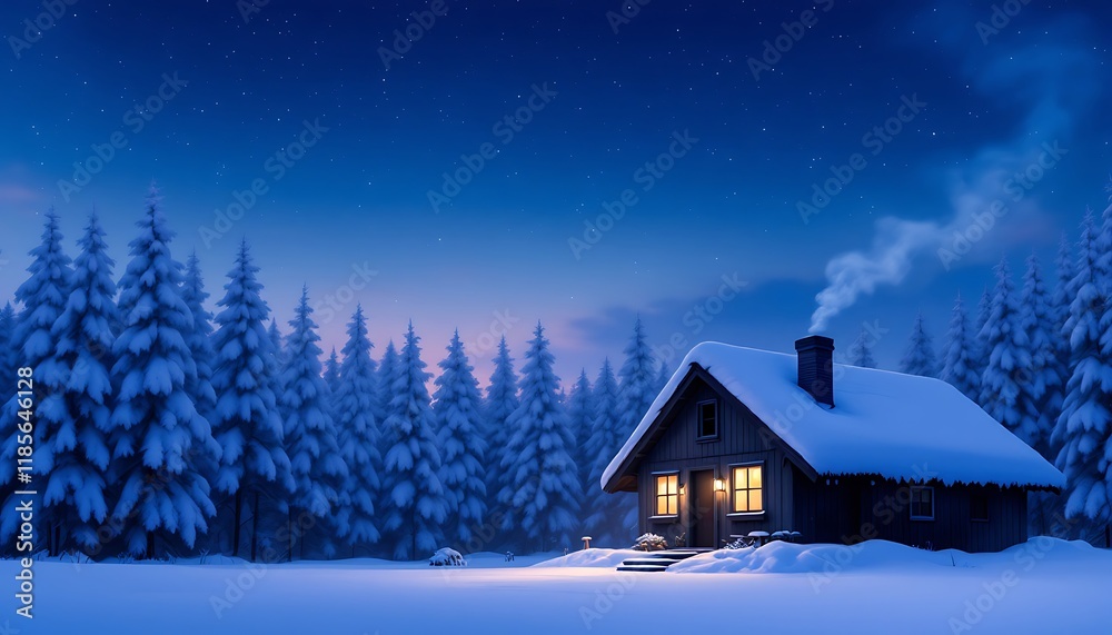 Fototapeta premium Cozy Cabin in a Winter Wonderland: A Nighttime Scene