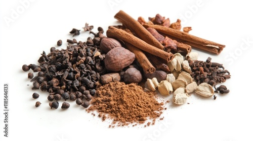 Wallpaper Mural Cocoa beans and assorted spices with aromatic qualities arranged artistically on a white background for culinary and beverage use Torontodigital.ca