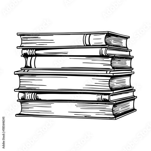 stack of books engraving black and white outline. Scratch board imitation.
