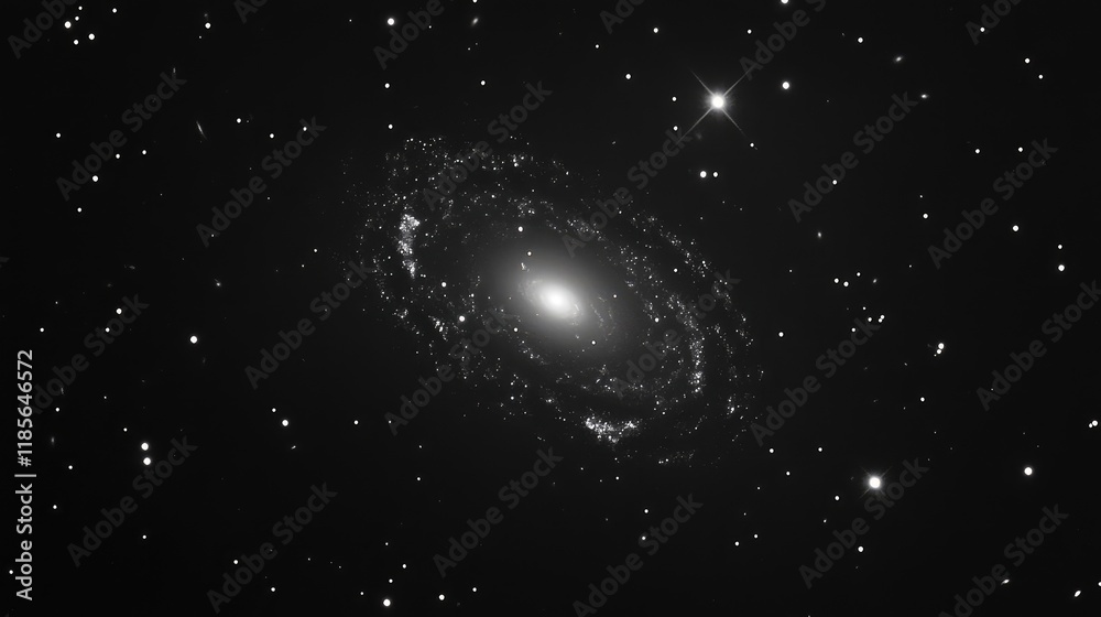 Stunning black and white capture of the NGC 4639 galaxy showcasing its intricate ring structure and surrounding stars in deep space. Stunning black and white capture of the NGC 4639 galaxy showcasing its intricate ring structure and surrounding stars in deep space.