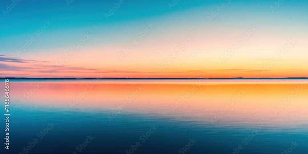 Fototapeta premium Wide view empty concept. Vibrant sunset reflecting on calm water surface.