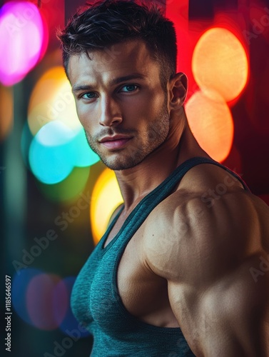 Athletic male model with defined muscles in a gray tank top against a colorful bokeh background, shallow depth of field, ample copyspace for text.