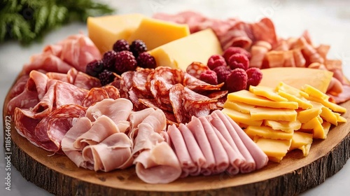 Charcuterie platter featuring assorted meats cheeses and fresh berries on a wooden board ideal for gourmet dining and entertaining