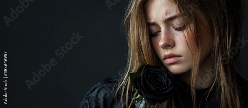 Sad girl with long brown hair holding a black rose in a black jacket against a dark background with ample empty space for text. photo