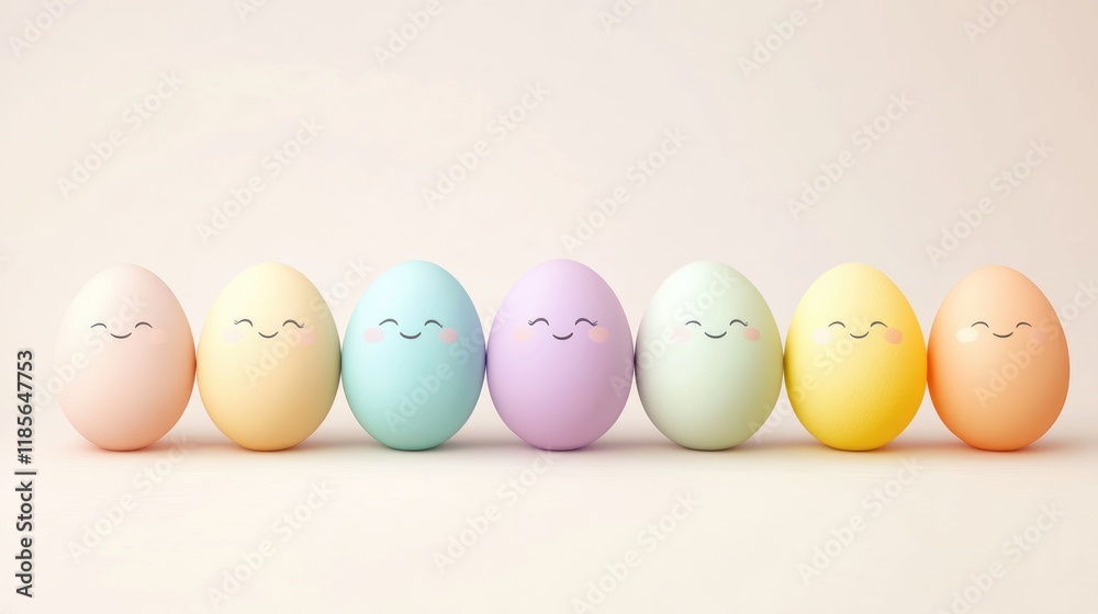 Whimsical and Colorful Cartoon Easter Eggs with Happy Faces on a Soft Background